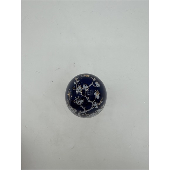 Multi- blue Tree Print Gold Gilded Egg with Brass Stand. - Picture 7 of 8